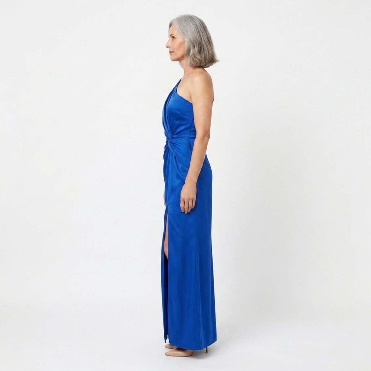 Women's long dress — asymmetrical satin with one bare shoulder — Blue