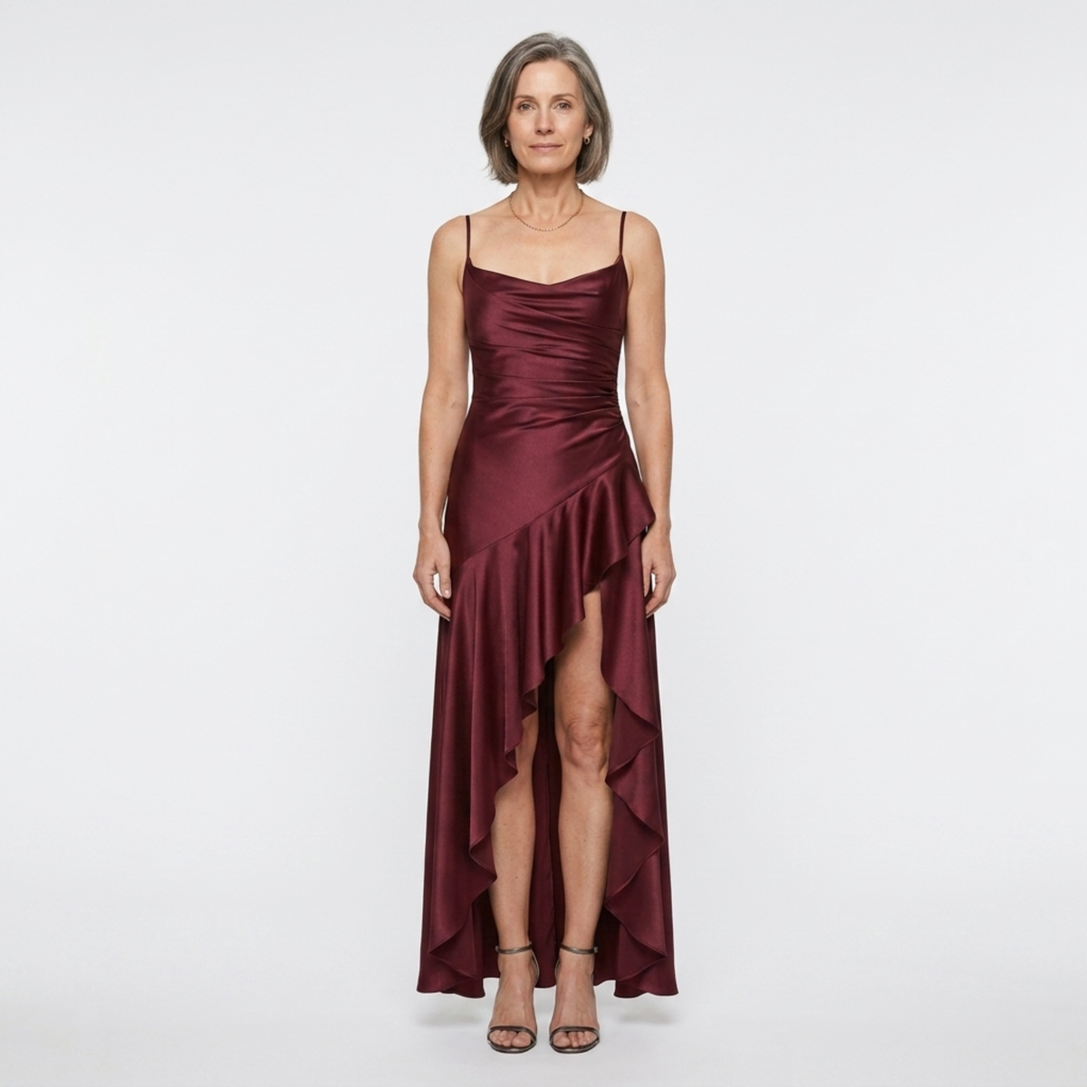 Women's long dress — satin with asymmetrical hem and ruffles — Wine Red