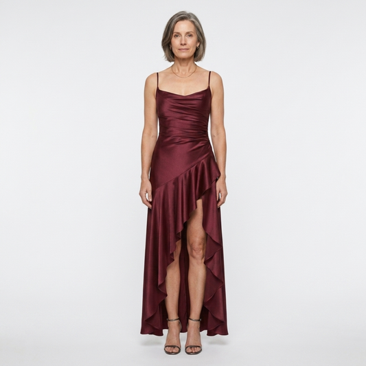 Women's long dress — satin with asymmetrical hem and ruffles — Wine Red