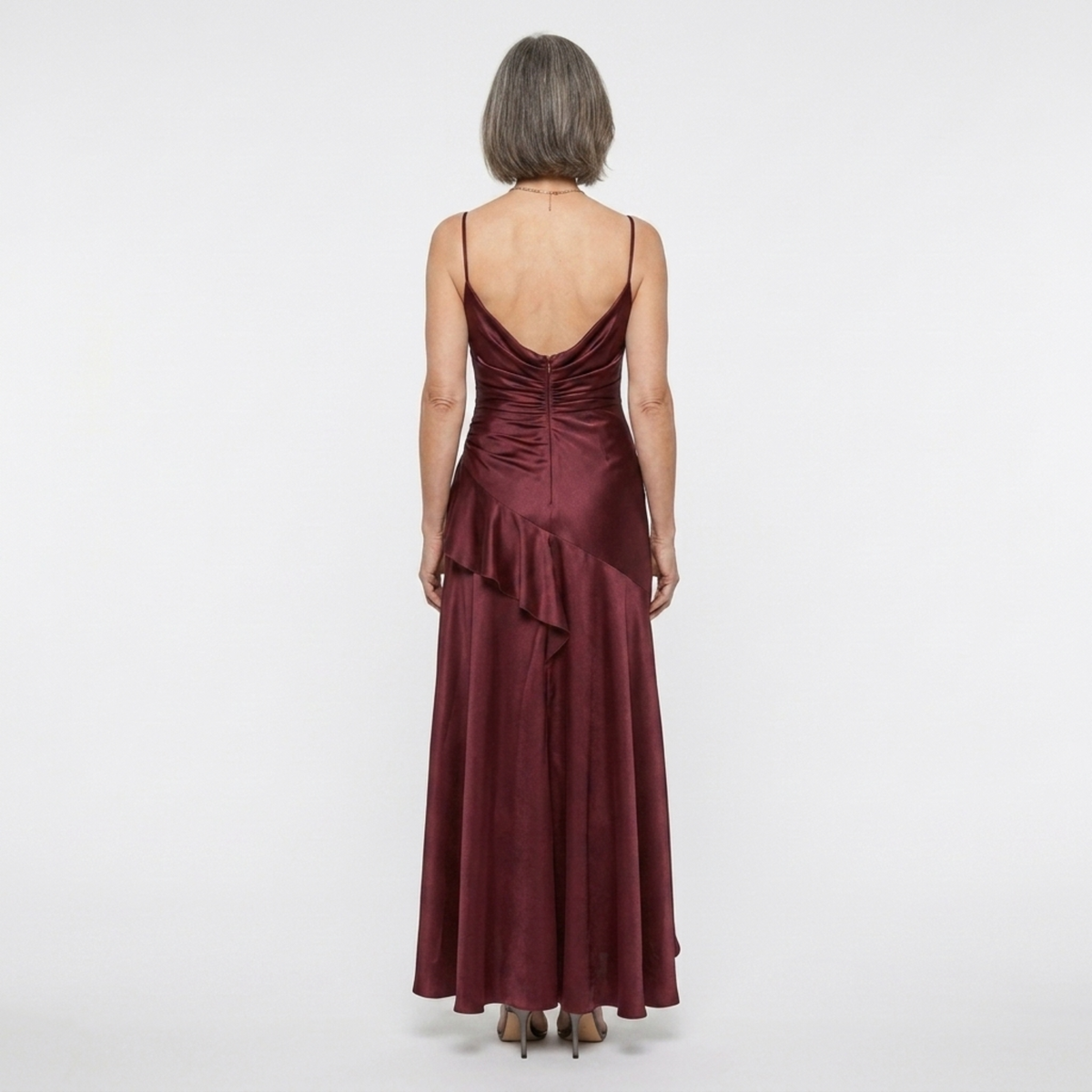 Women's long dress — satin with asymmetrical hem and ruffles — Wine Red