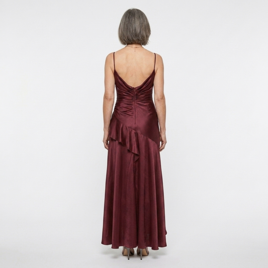 Women's long dress — satin with asymmetrical hem and ruffles — Wine Red