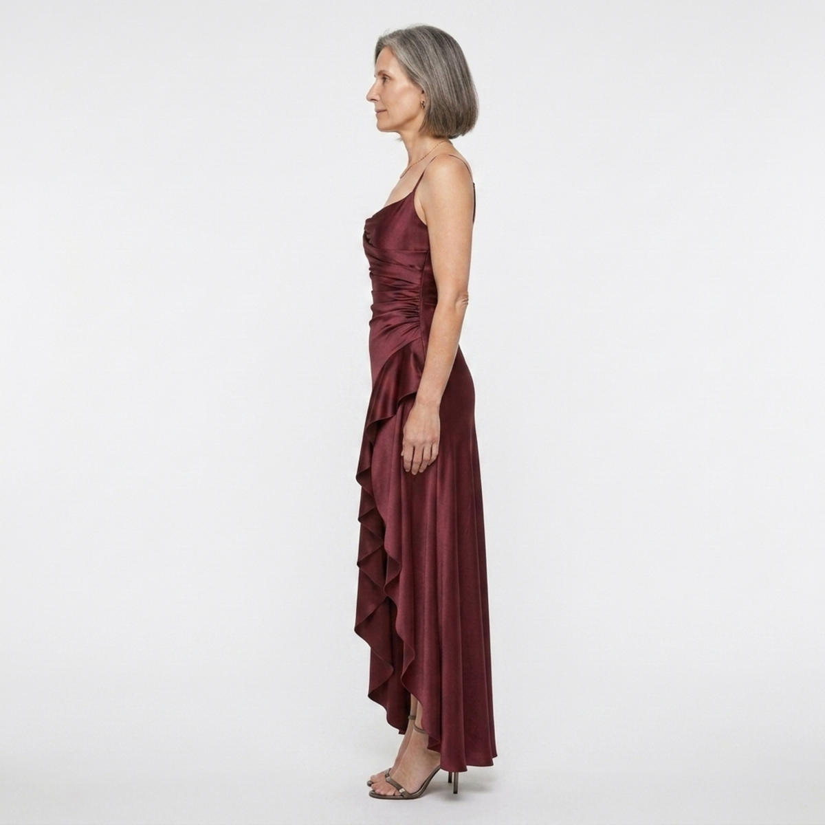 Women's long dress — satin with asymmetrical hem and ruffles — Wine Red