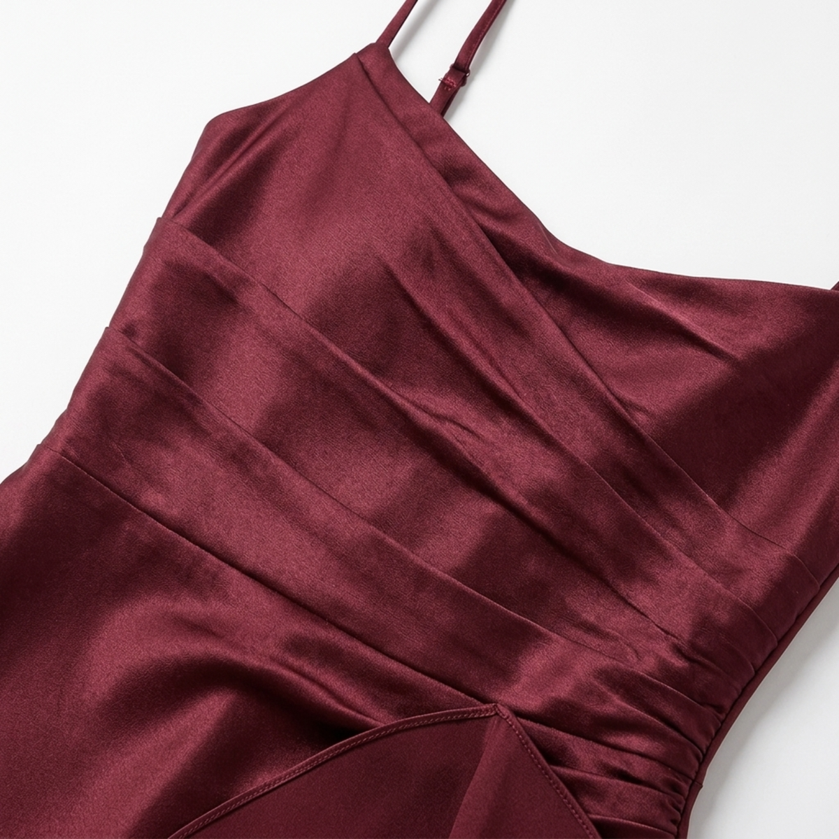 Women's long dress — satin with asymmetrical hem and ruffles — Wine Red