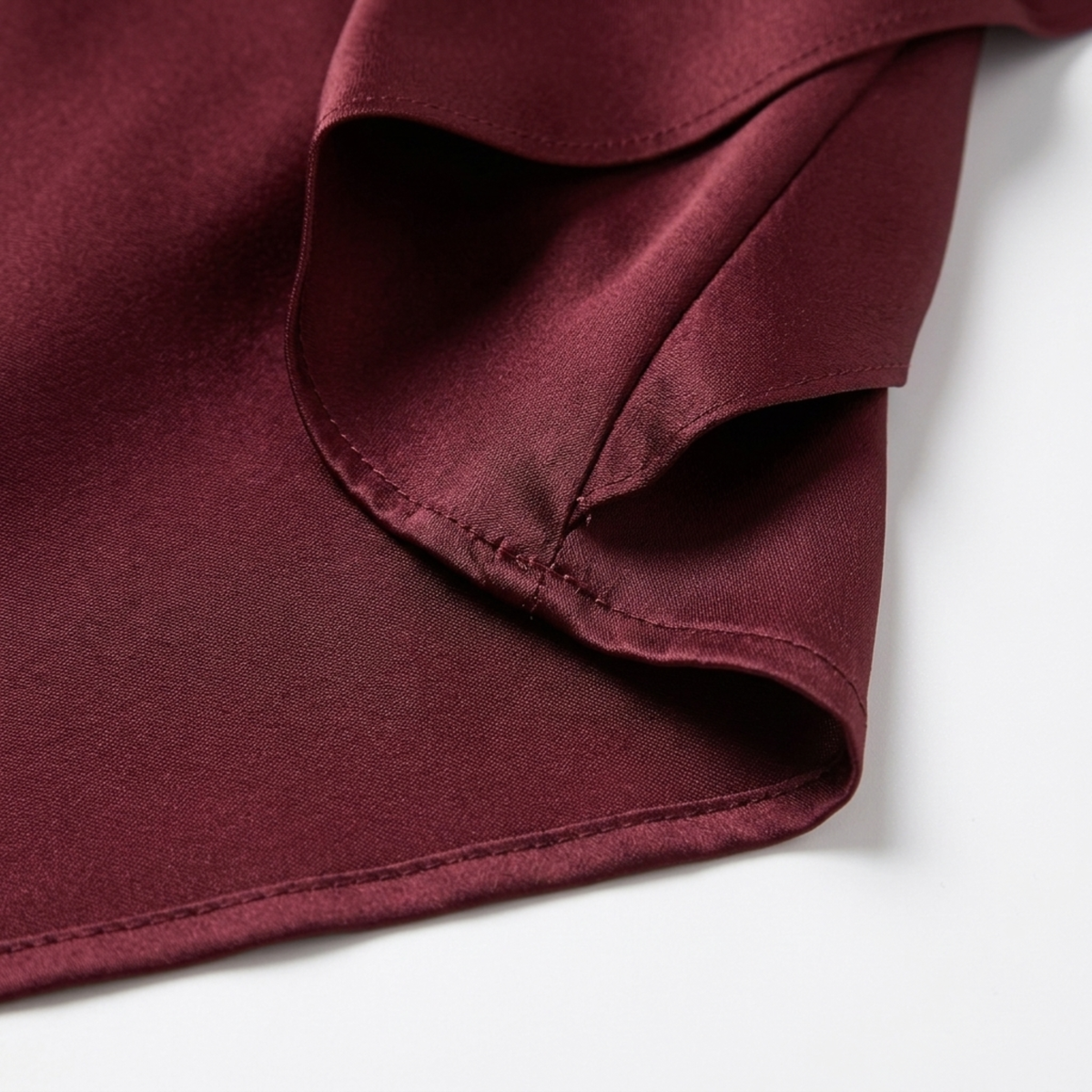 Women's long dress — satin with asymmetrical hem and ruffles — Wine Red
