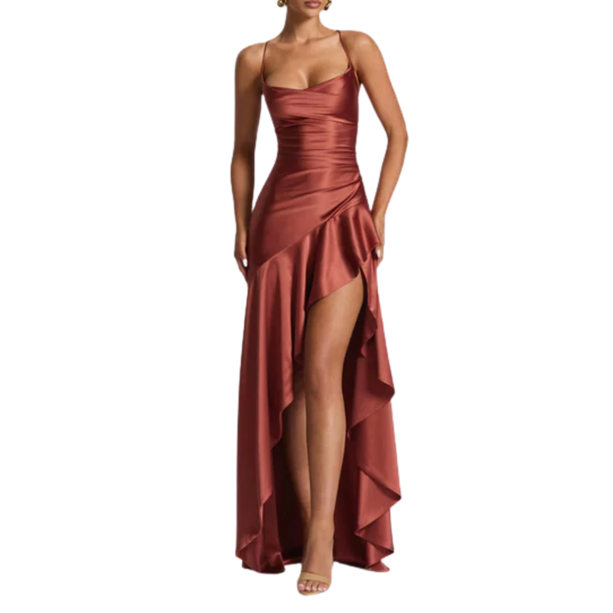 Women's long dress — satin with asymmetrical hem and ruffles — Wine Red