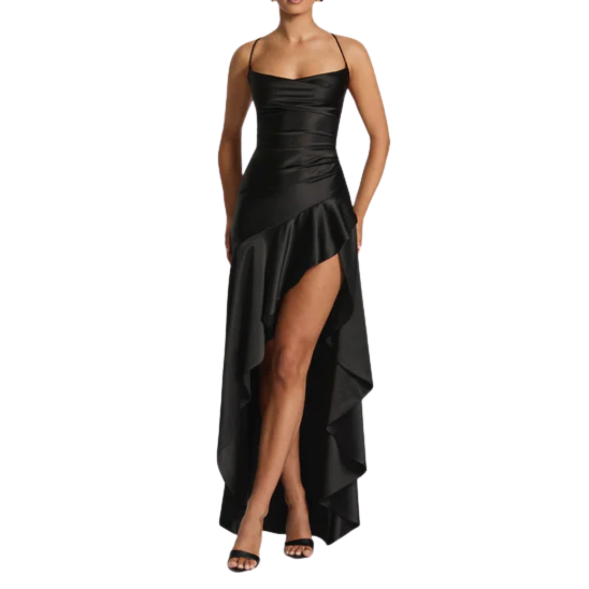 Women's long dress — satin with asymmetrical hem and ruffles — Black