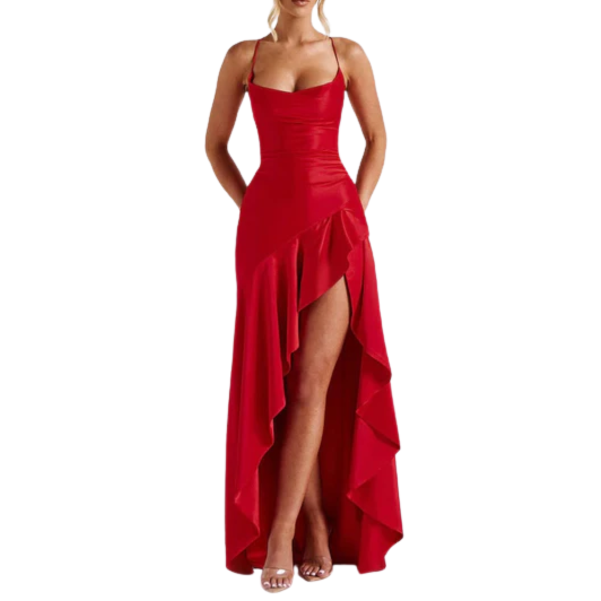 Women's long dress — satin with asymmetrical hem and ruffles — Red
