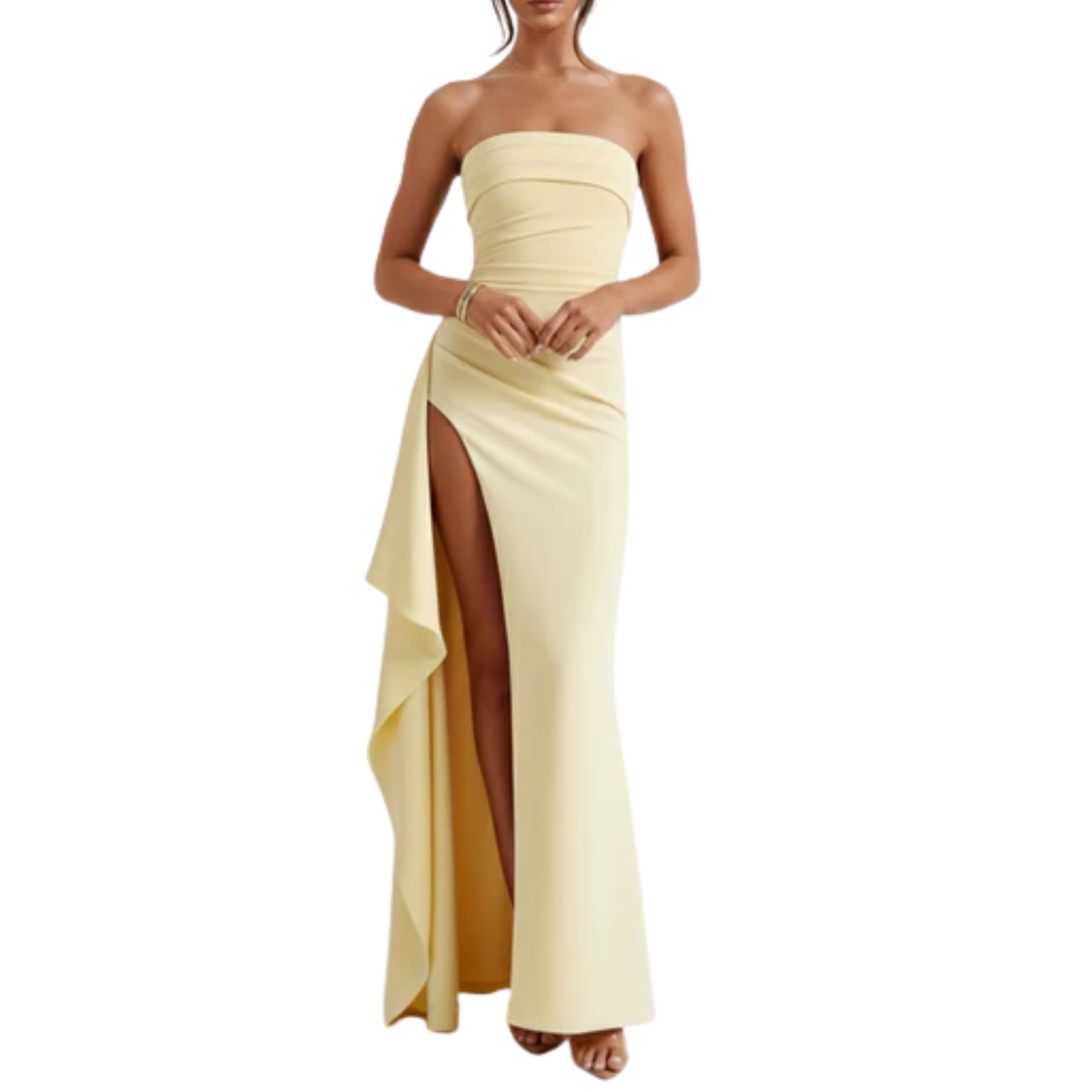 Long evening dress — ruched mermaid cut with slit | formal gala — Yellow
