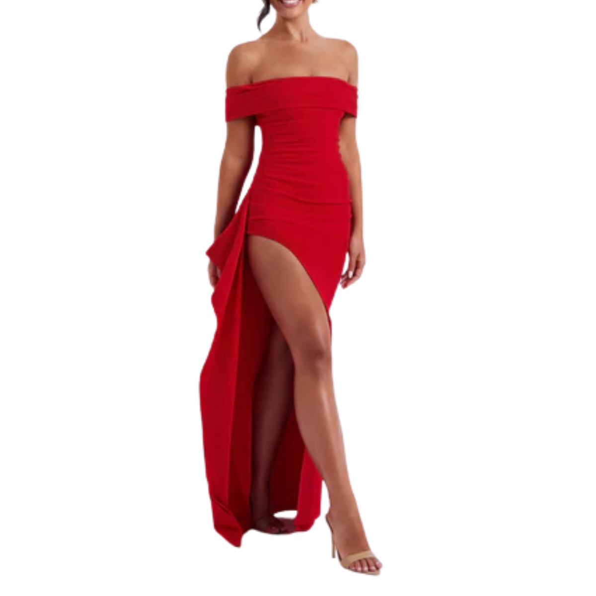Long evening dress — off-shoulder fitted cut | formal event — Red