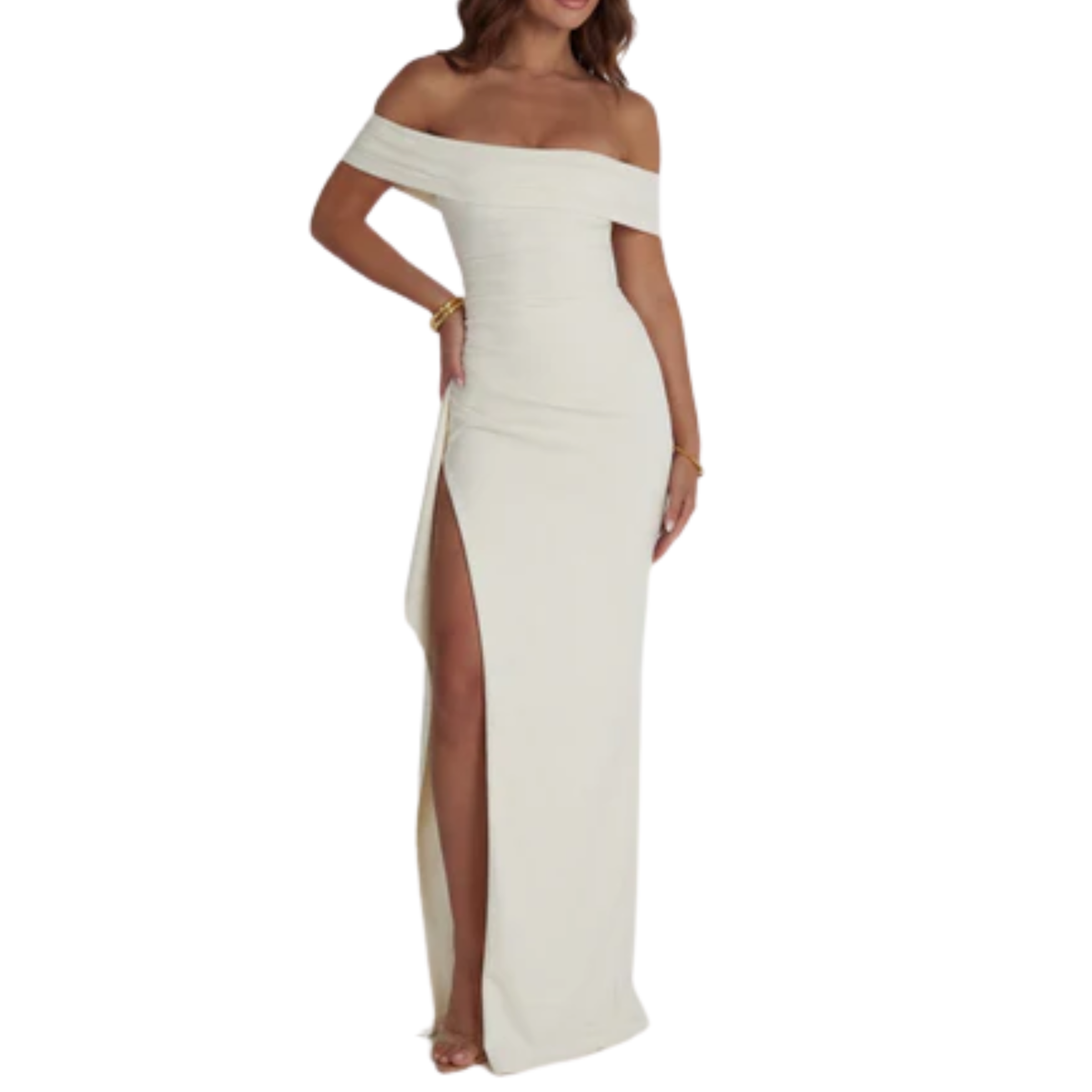 Long evening dress — off-shoulder fitted cut | formal event — White