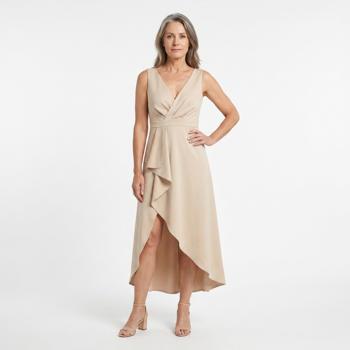 Mid-length cocktail dress — V-neck and wrap style | special occasion — Beige