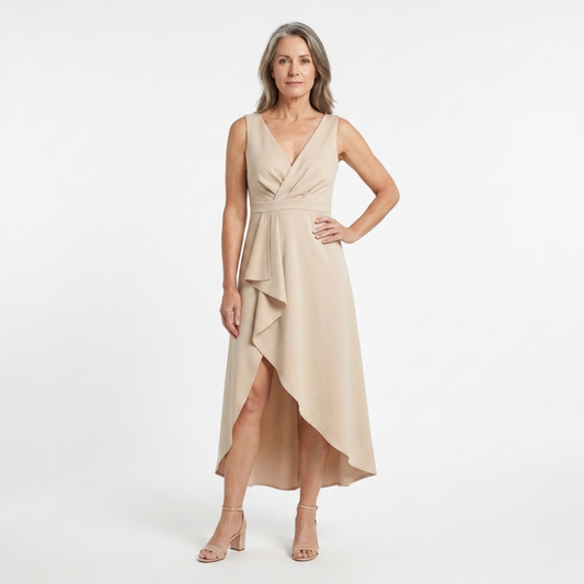 Mid-length cocktail dress — V-neck and wrap style | special occasion — Beige