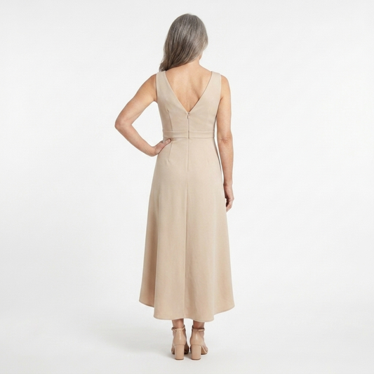 Mid-length cocktail dress — V-neck and wrap style | special occasion — Beige