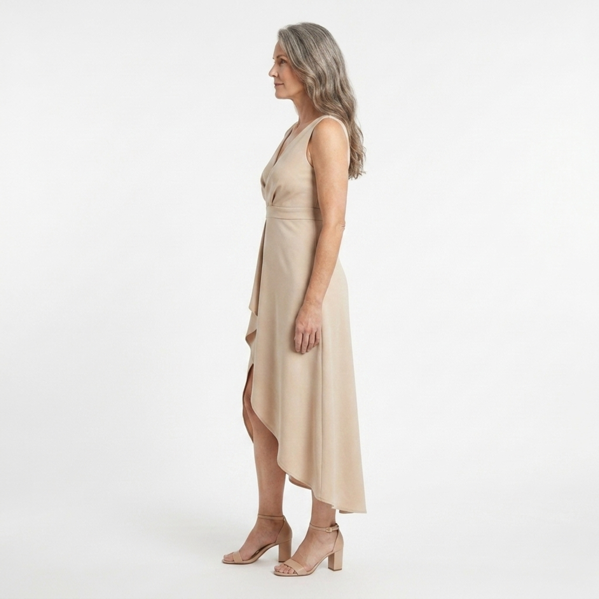Mid-length cocktail dress — V-neck and wrap style | special occasion — Beige