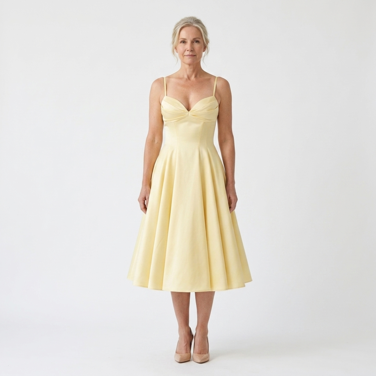 Mid-Length Day Dress with Full Skirt and Pockets — Yellow