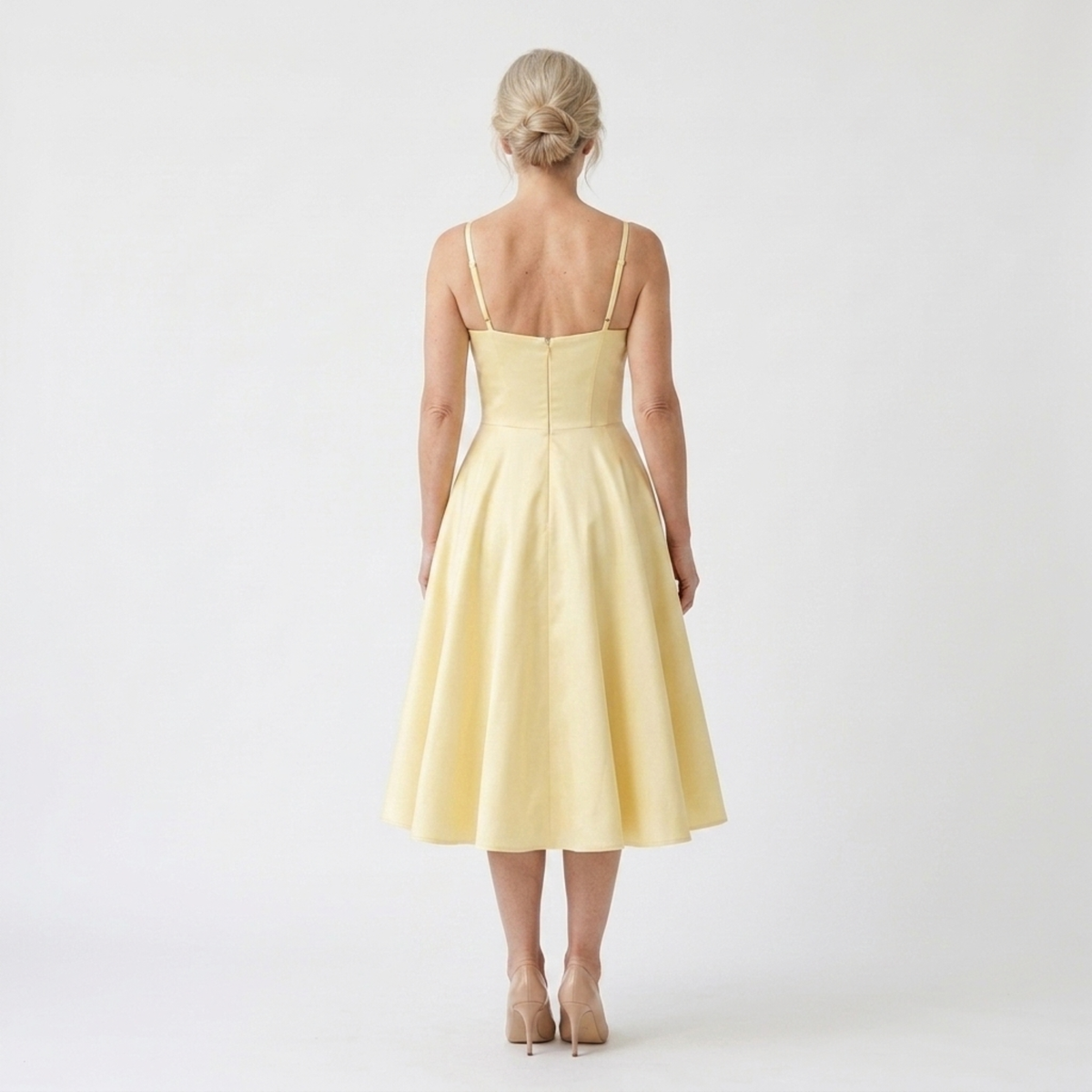 Mid-Length Day Dress with Full Skirt and Pockets — Yellow