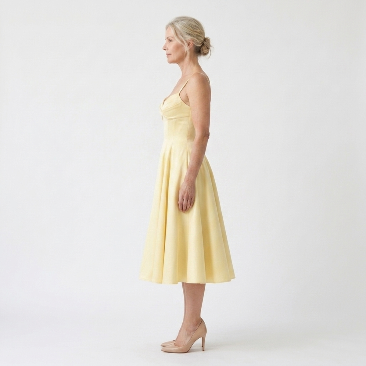Mid-Length Day Dress with Full Skirt and Pockets — Yellow
