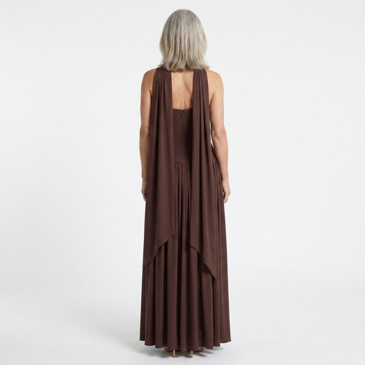 Long evening gown — scarf neckline and pleated slit skirt | ceremony — Brown