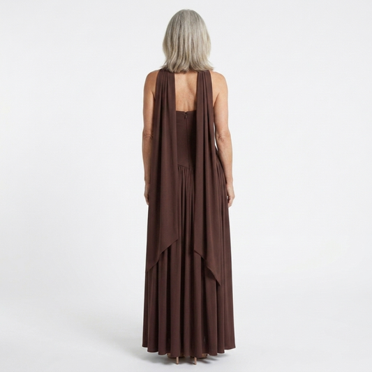 Long evening gown — scarf neckline and pleated slit skirt | ceremony — Brown
