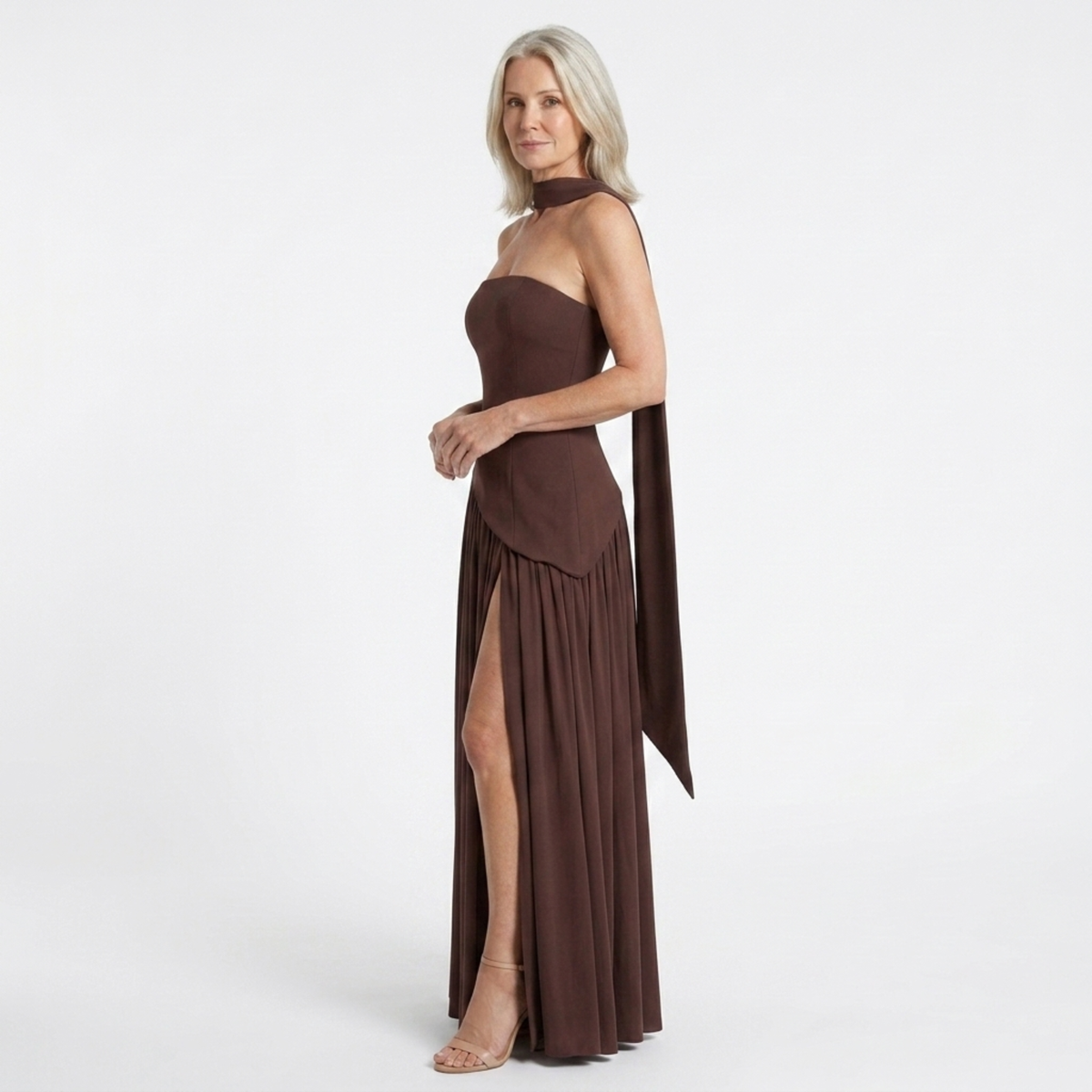 Long evening gown — scarf neckline and pleated slit skirt | ceremony — Brown