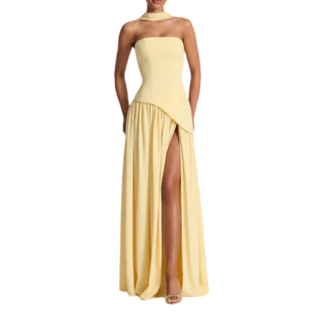 Long evening gown — scarf neckline and pleated slit skirt | ceremony — Yellow