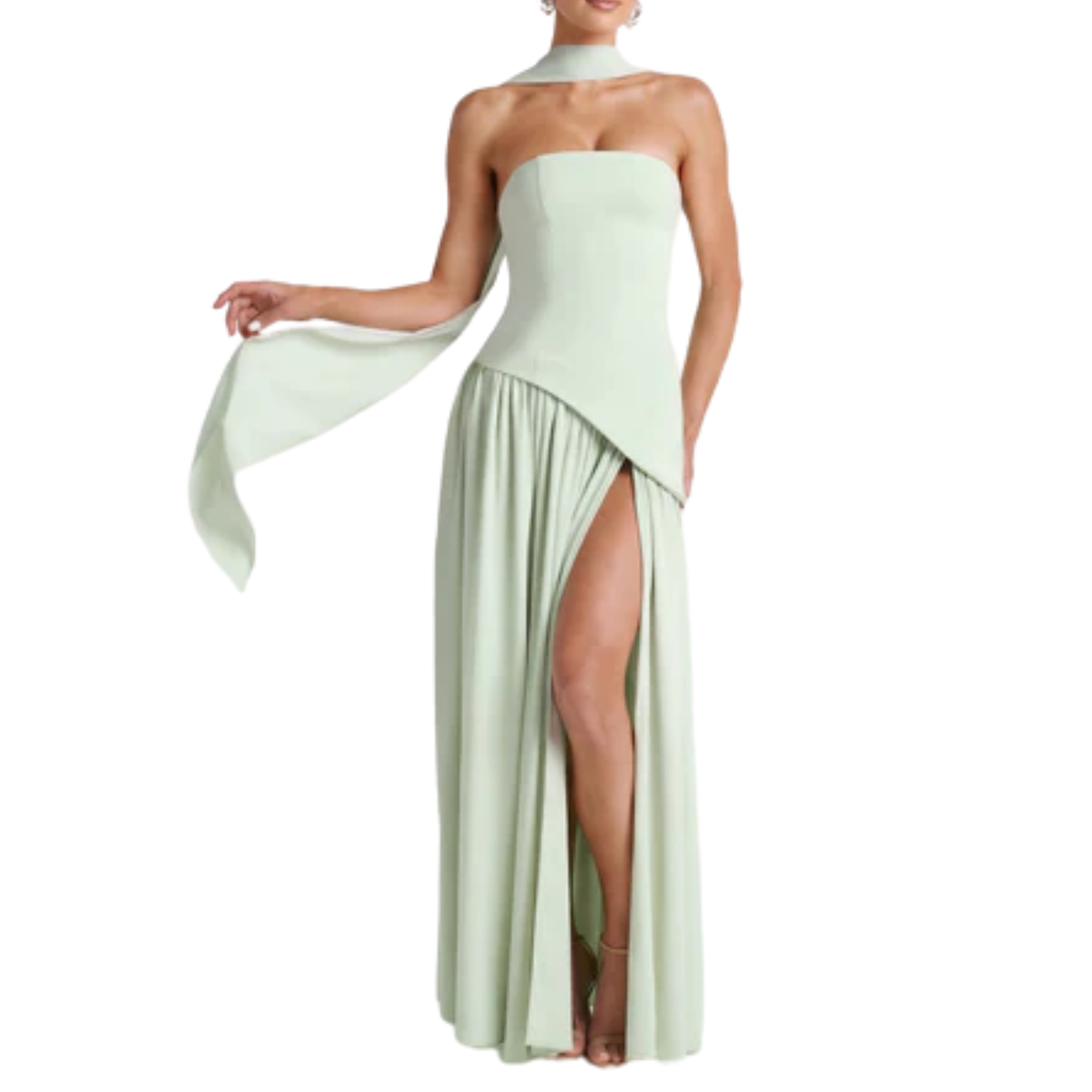 Long evening gown — scarf neckline and pleated slit skirt | ceremony — Green