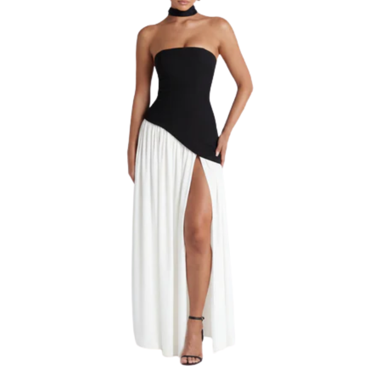 Long evening gown — scarf neckline and pleated slit skirt | ceremony — Black