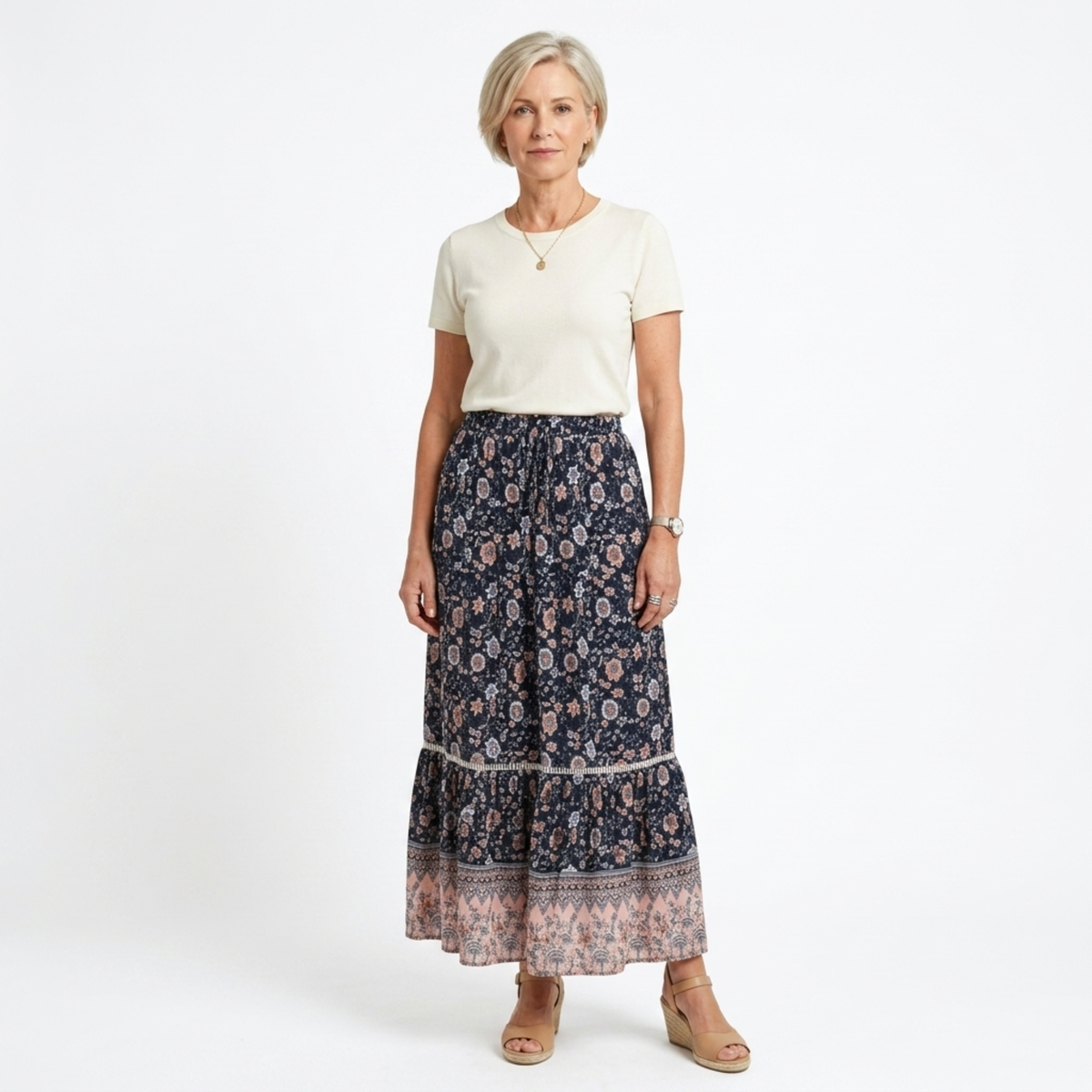 Long Floral Maxi Skirt — High Waist with Drawstrings — Beach Outfit — Dark Blue
