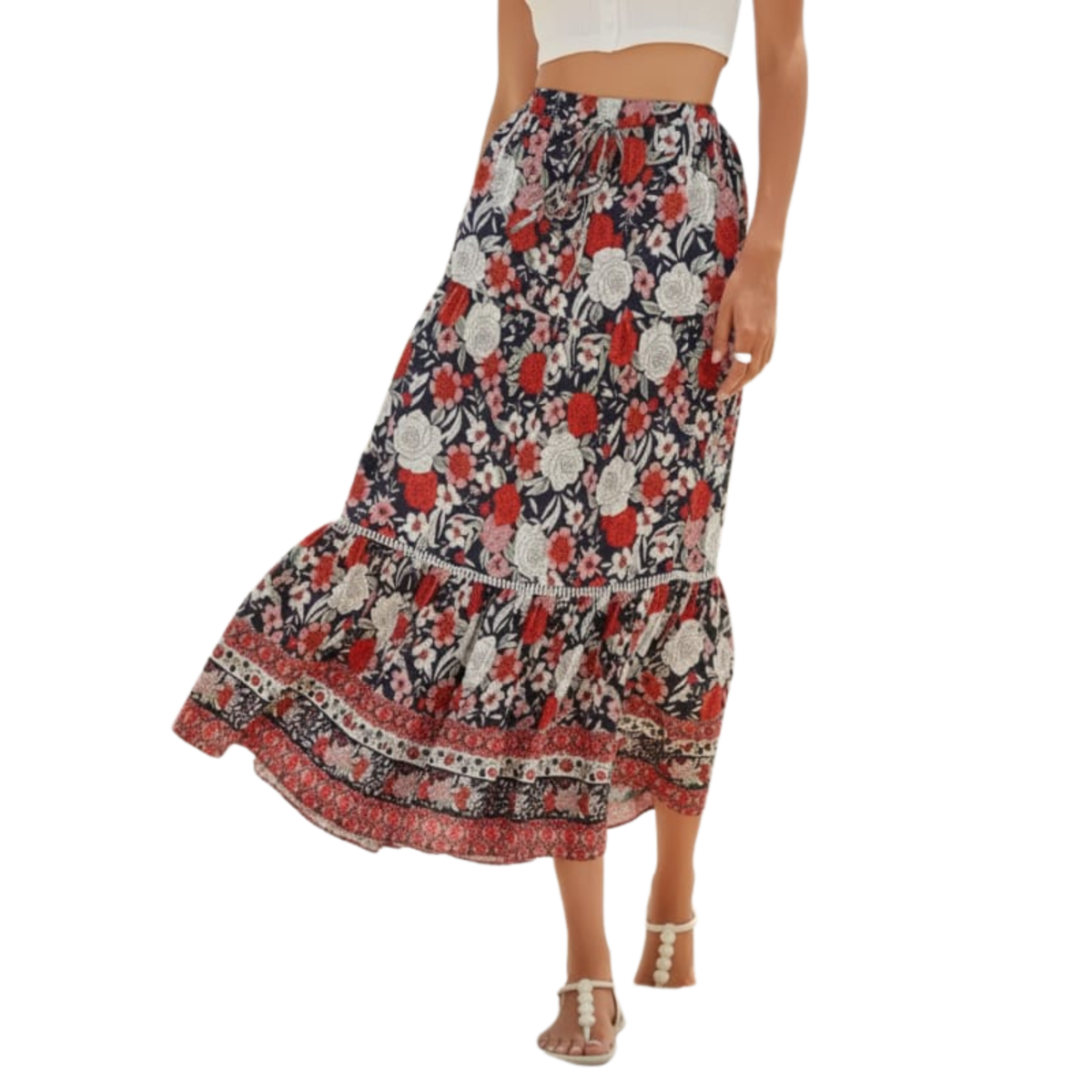 Long Floral Maxi Skirt — High Waist with Drawstrings — Beach Outfit — Red