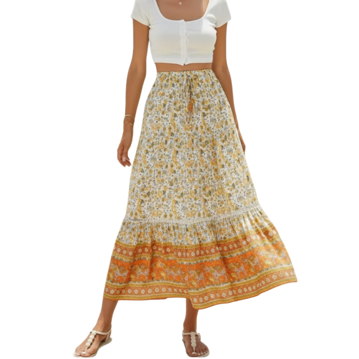 Long Floral Maxi Skirt — High Waist with Drawstrings — Beach Outfit — Orange