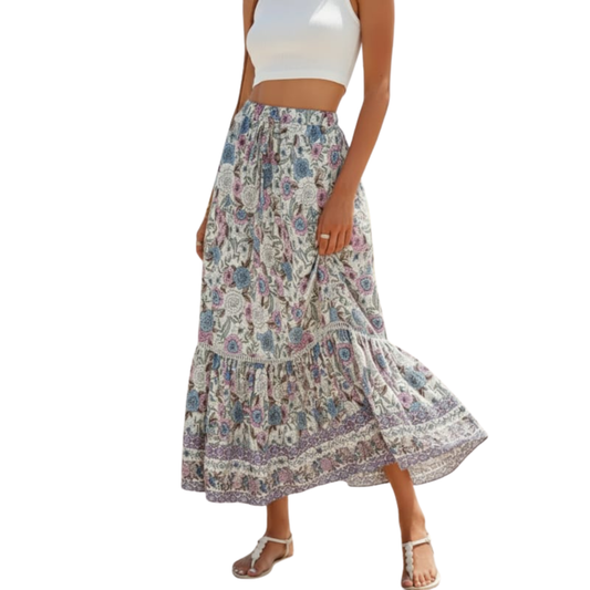 Long Floral Maxi Skirt — High Waist with Drawstrings — Beach Outfit — Off-White