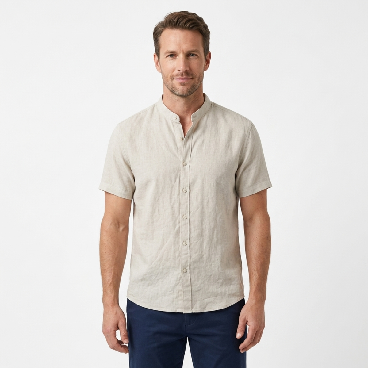 Men's Shirt with Mandarin Collar and Short Sleeves — Summer — Ivory