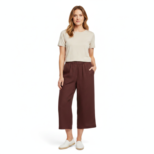 Women's Wide-Leg Pants with Elastic Waist and Short Cut — Burgundy