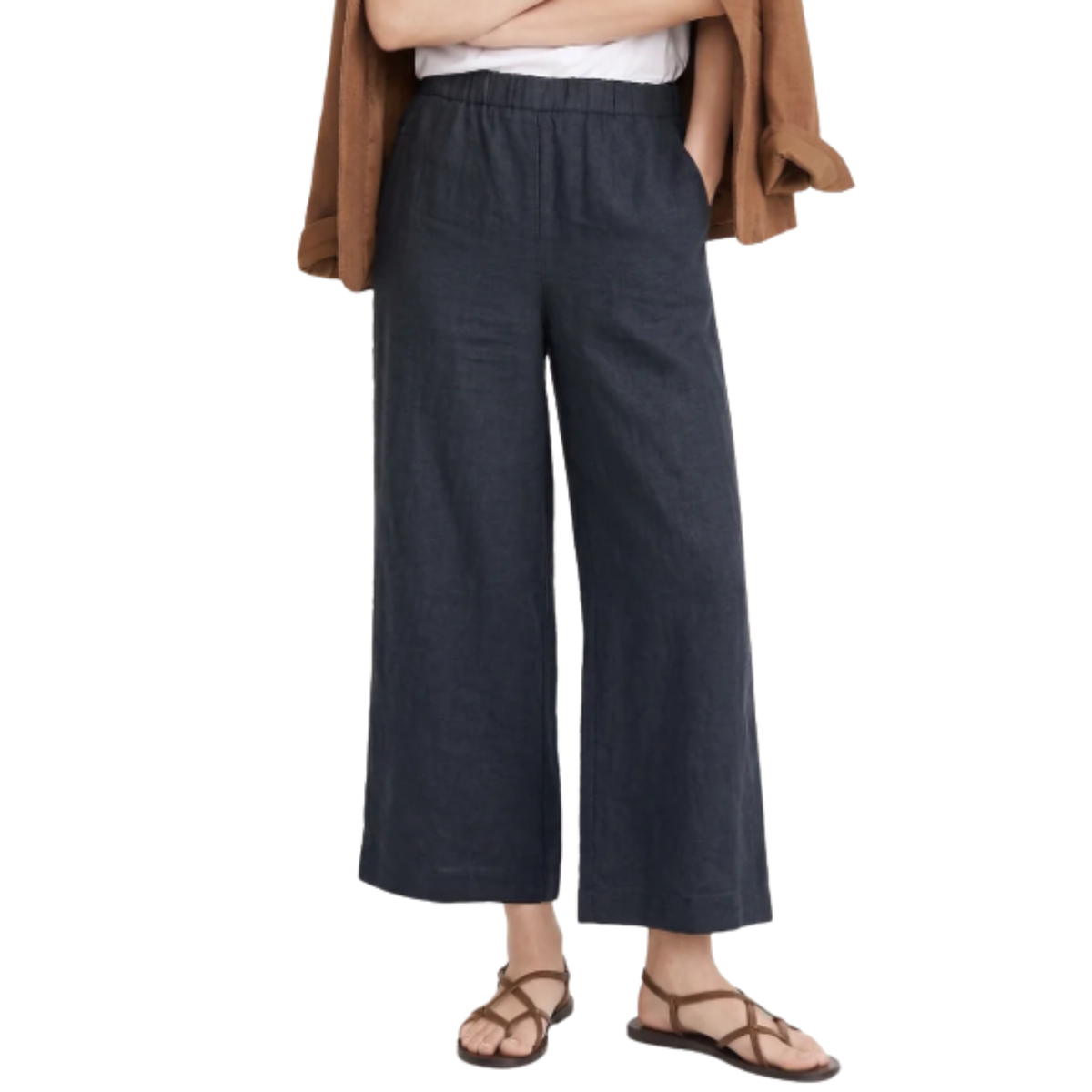 Women's Wide-Leg Pants with Elastic Waist and Short Cut — Navy Blue