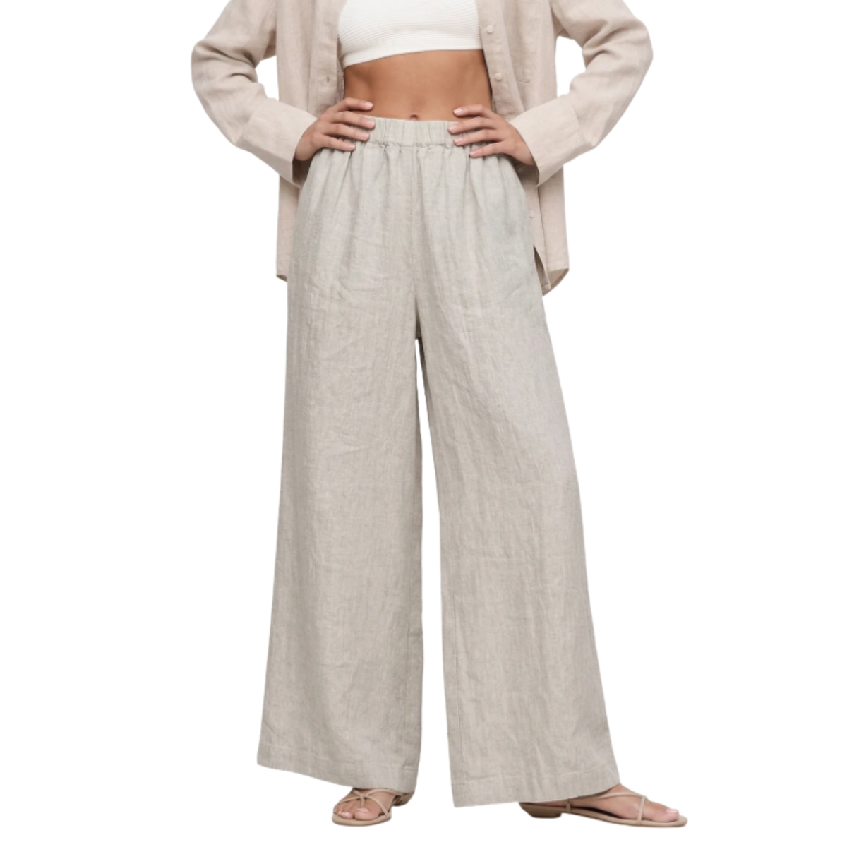 Women's Wide-Leg Pants with Elastic Waist and Short Cut — Light Grey