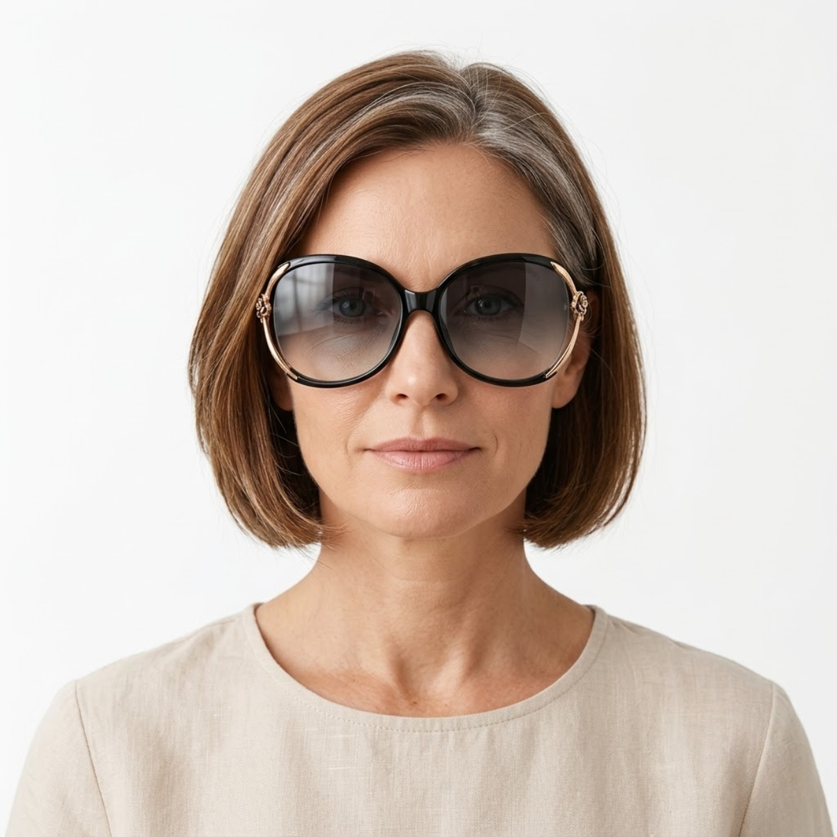 Oversized Women's Sunglasses with Metal Temples and Floral Details — product view