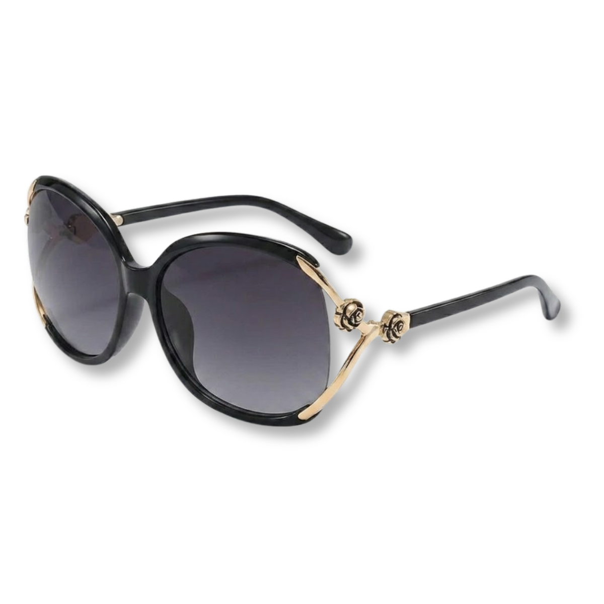 Oversized Women's Sunglasses with Metal Temples and Floral Details — Black