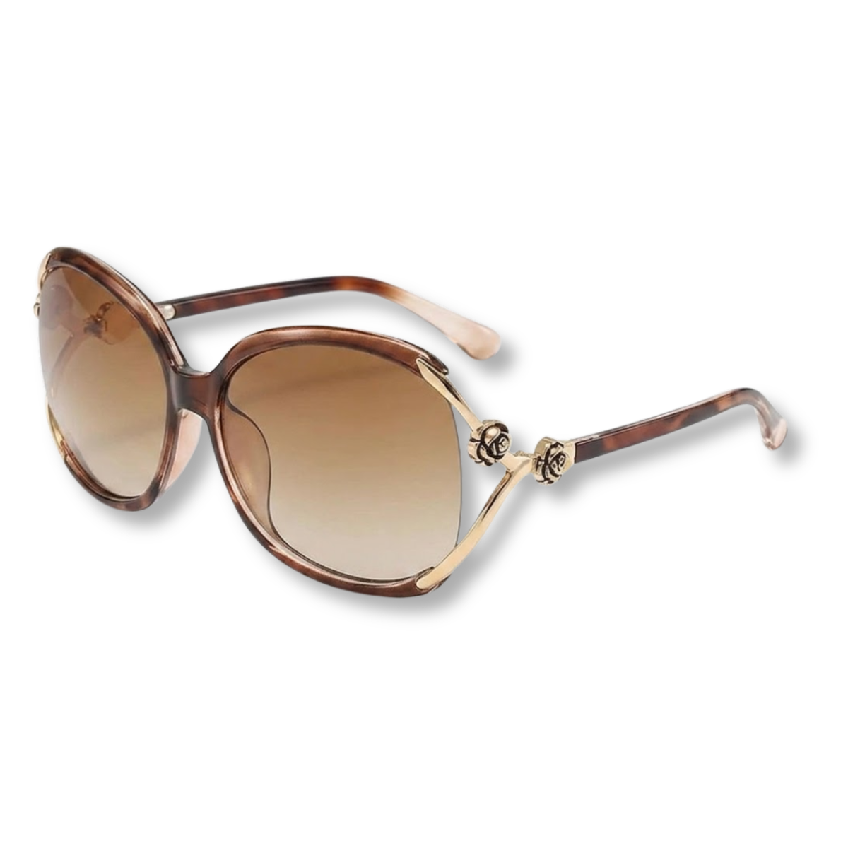 Oversized Women's Sunglasses with Metal Temples and Floral Details — Brown
