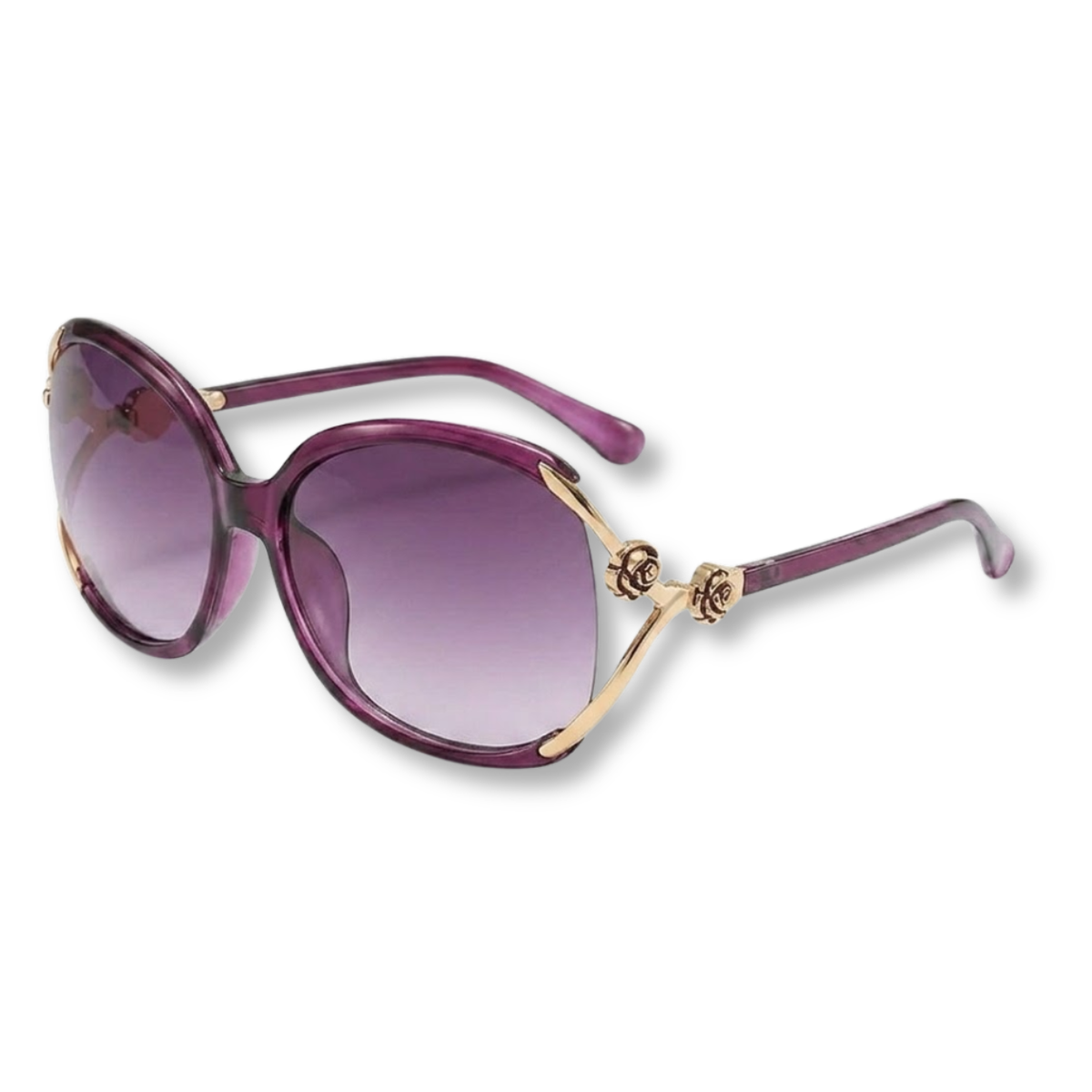 Oversized Women's Sunglasses with Metal Temples and Floral Details — Purple