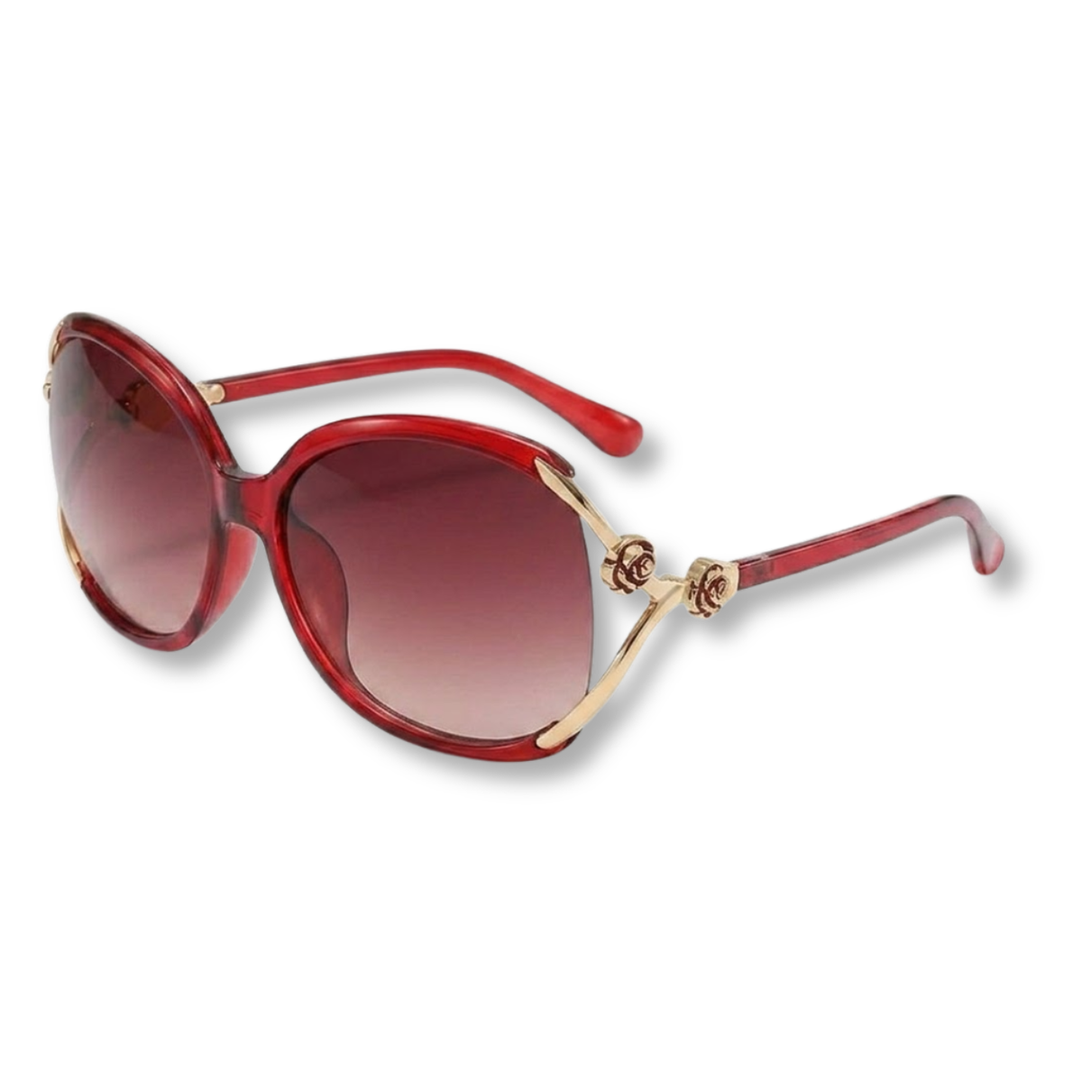 Oversized Women's Sunglasses with Metal Temples and Floral Details — Red