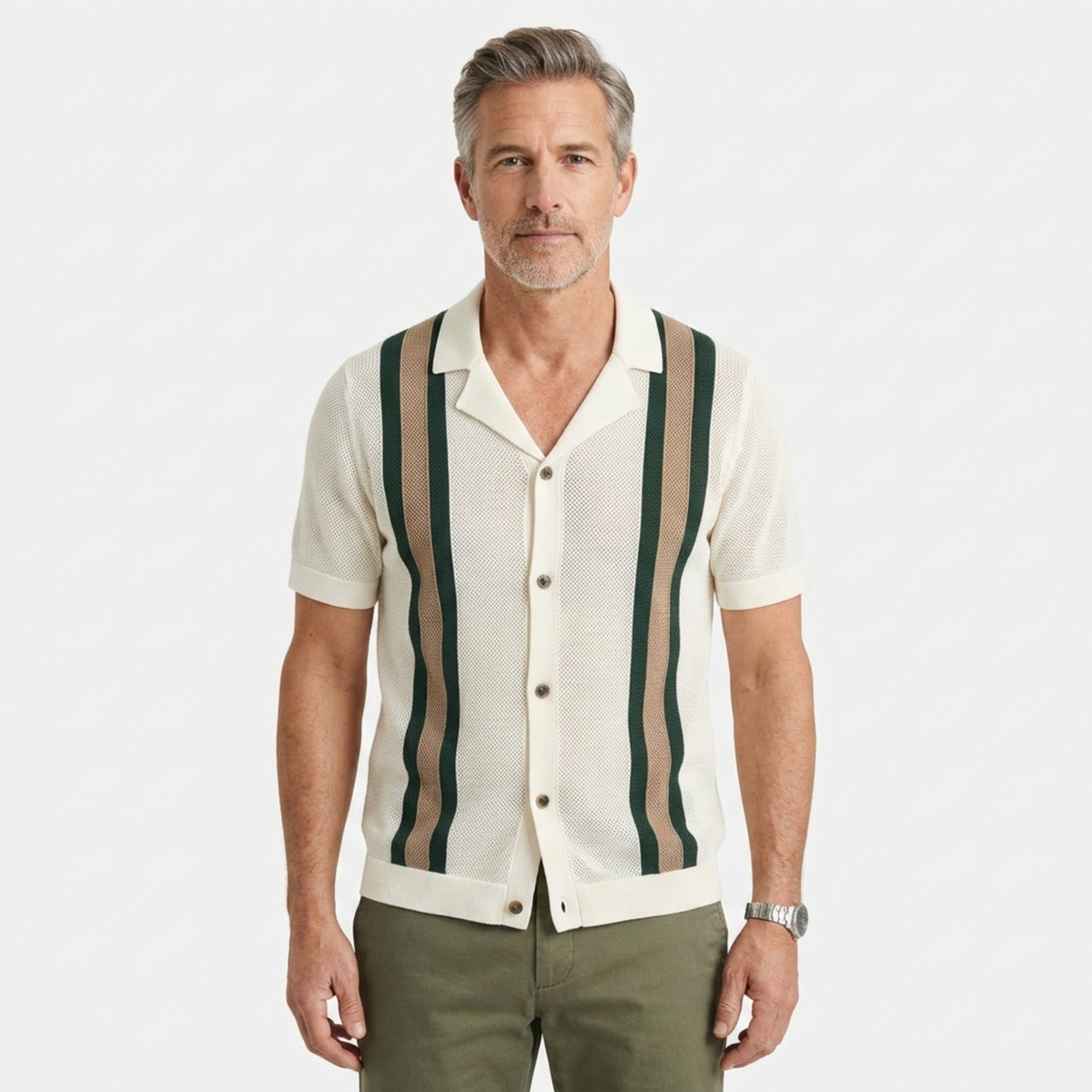 Men's knit polo — vertical stripes — vintage seaside style — Ivory