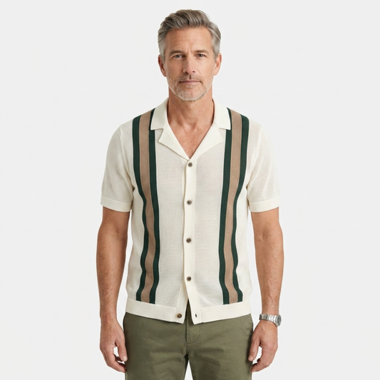Men's knit polo — vertical stripes — vintage seaside style — Ivory
