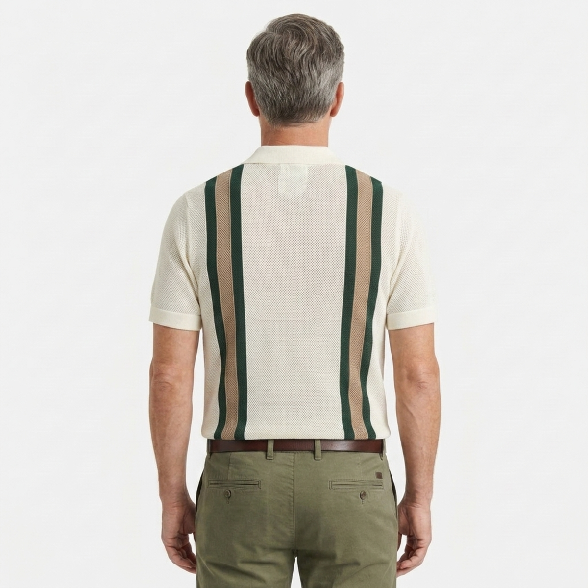 Men's knit polo — vertical stripes — vintage seaside style — product view