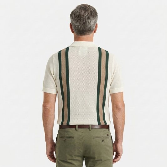 Men's knit polo — vertical stripes — vintage seaside style — product view