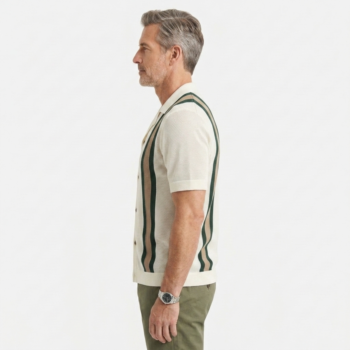 Men's knit polo — vertical stripes — vintage seaside style — product view