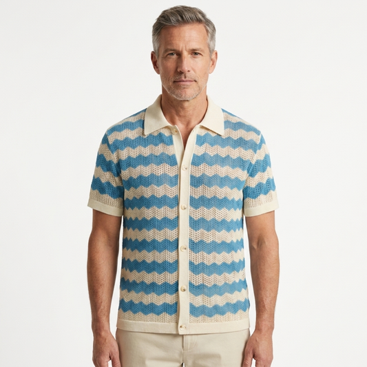 Men's knit polo — vertical jacquard stripes — vintage resort style — Blue