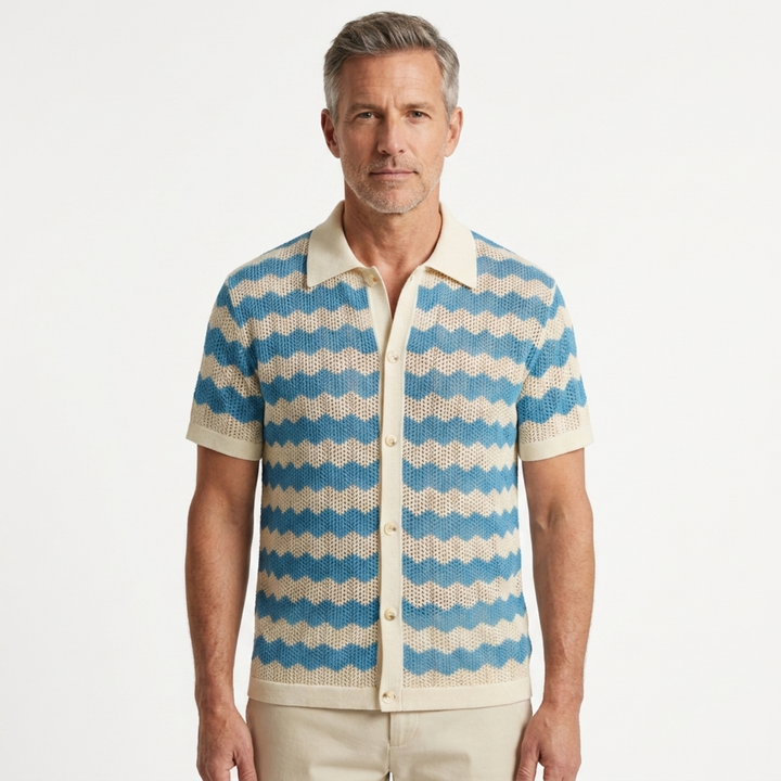 Polohemd für Herren mit Strickkonstruktion und vertikalen Jacquardstreifen — Blau