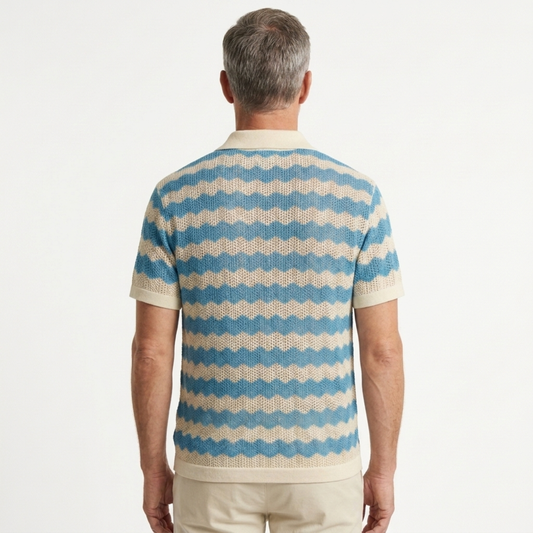 Men's knit polo — vertical jacquard stripes — vintage resort style — product view