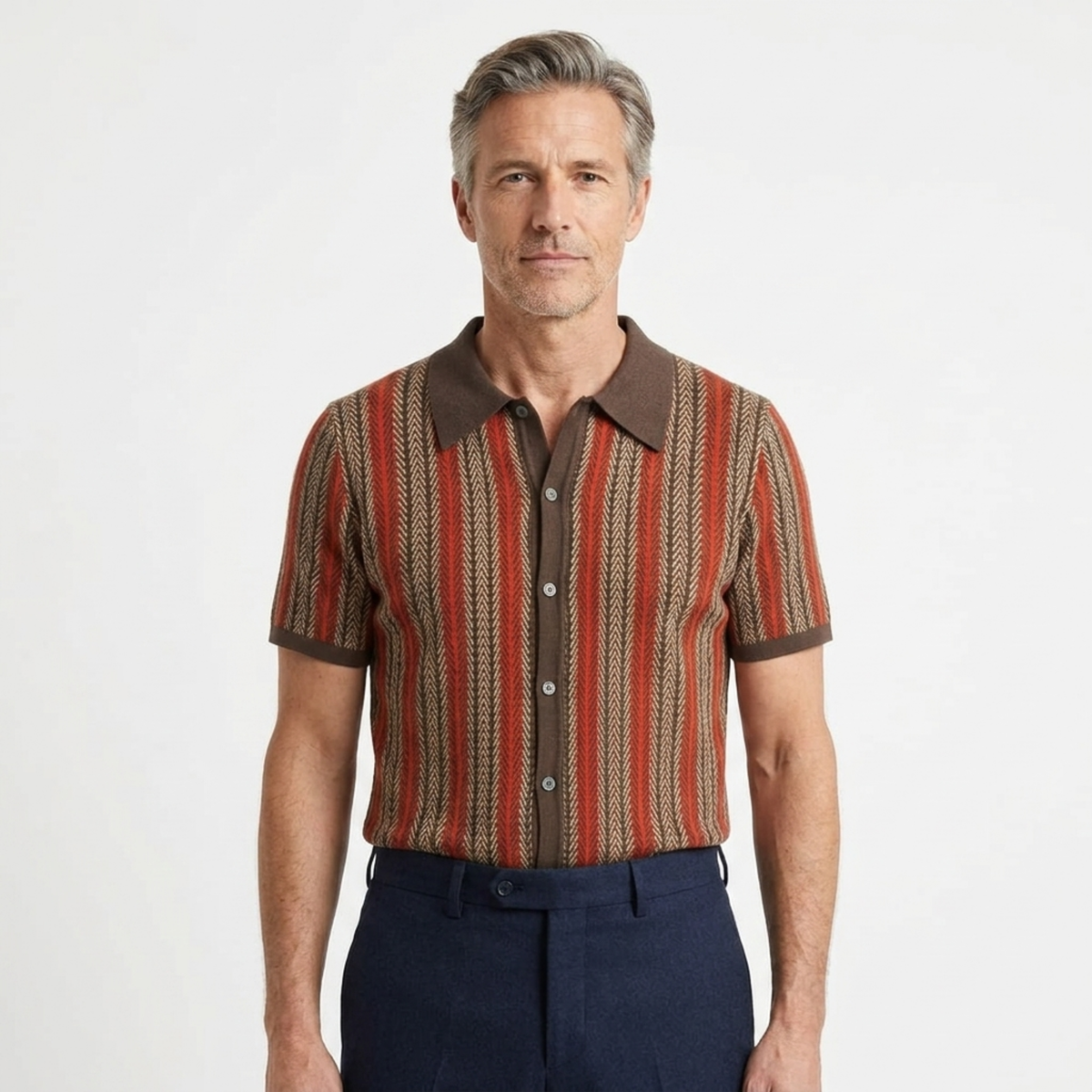 Men's knit polo — vertical stripes — casual resort style — Brown