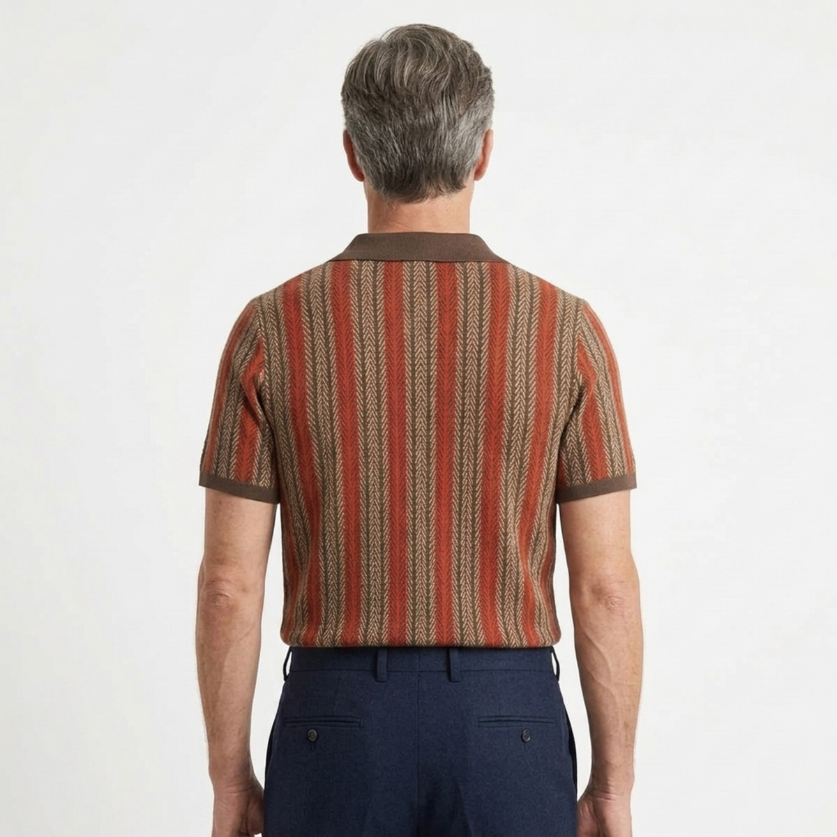Men's knit polo — vertical stripes — casual resort style — product view